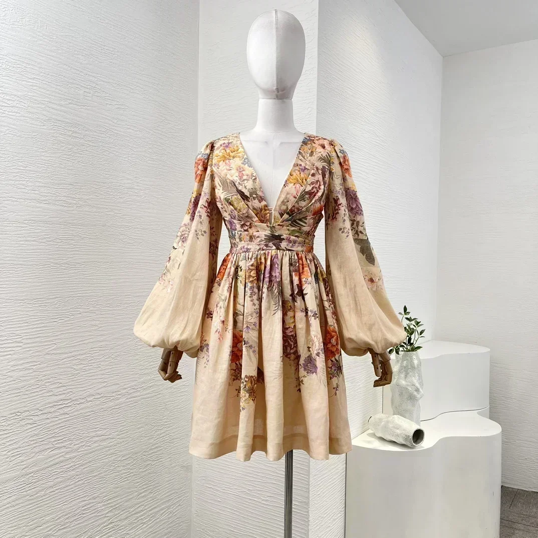 2024 New Autumn High Quality Peach Color Flowers Print Long Sleeve  Ruched Mini Dress for Women