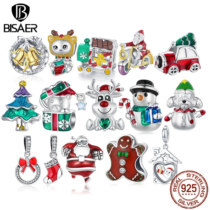 BISAER 925 Sterling Silver Christmas Tree House Charm Snowman Santa Claus Socks Pendant Fit DIY Bracelet Jewelry Festive Gift