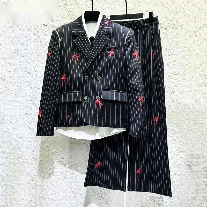 New Personalized Design Graffiti Striped Double-breasted Suit Jacket Loose Straight-leg Trousers Men Two-piece CDF56