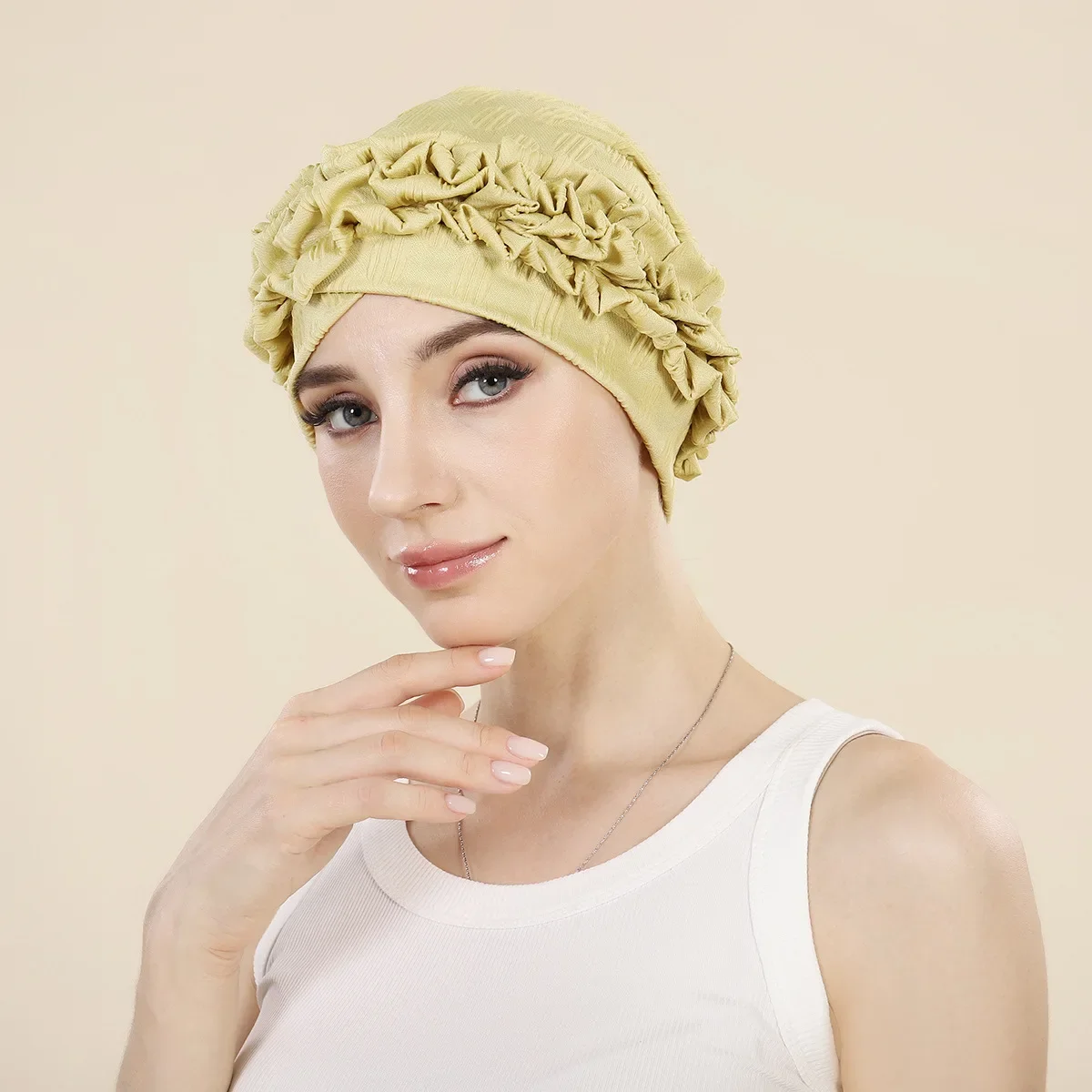 

Forehead Cross Turban Ruffle Flower Chemo Cap Headscarf Bonnet Beanies Headwrap Indian Hat Muslim Women Hijab Hair Loss Headwear
