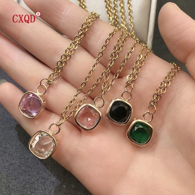 Colorful Clear Small Square Glass Pendant Necklace For Women Stainless Steel Chain Fashion Earrings Jewelry Accessories Set Gift image 6