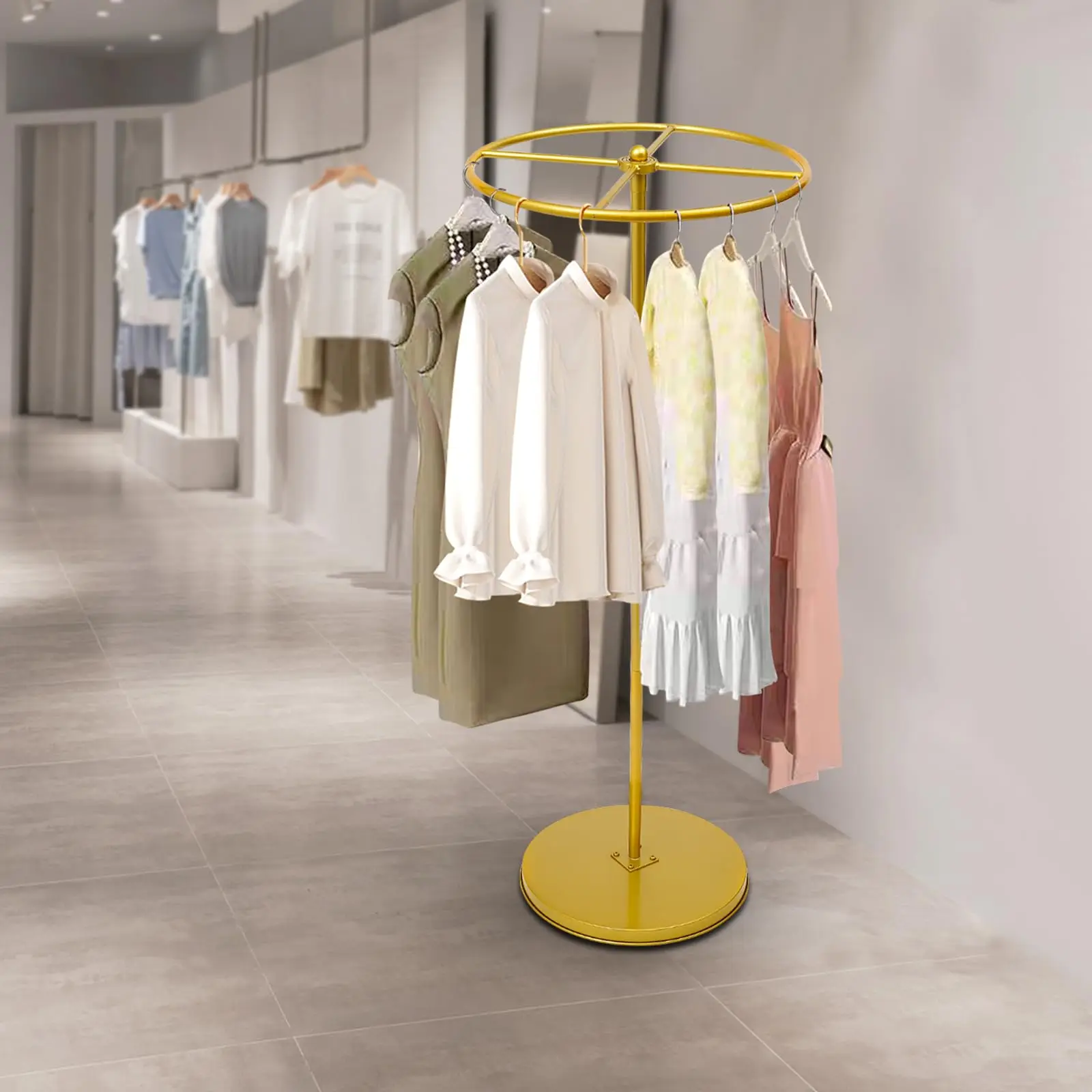 Rotatable Round Garment Rack, Floor Standing Golden Clothes Hanging Rack, Portable Retail Display Stand for Shopping Malls Retail