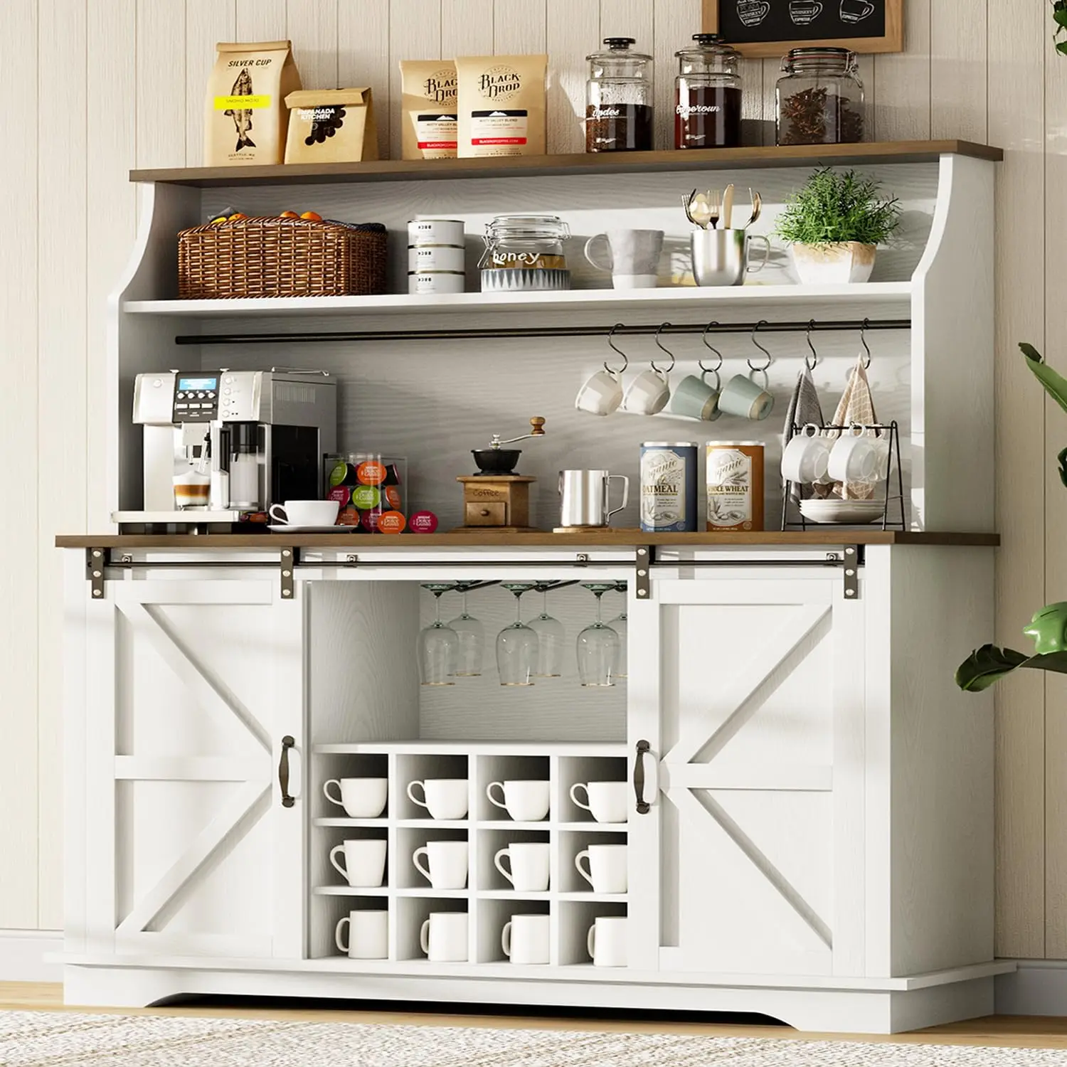 

55 Inch Farmhouse Coffee Bar Cabinet with 3-Tier Enclosed Storage Cabinet, Kitchen Hutch with 12 Wine Racks & 3 Glass Holders