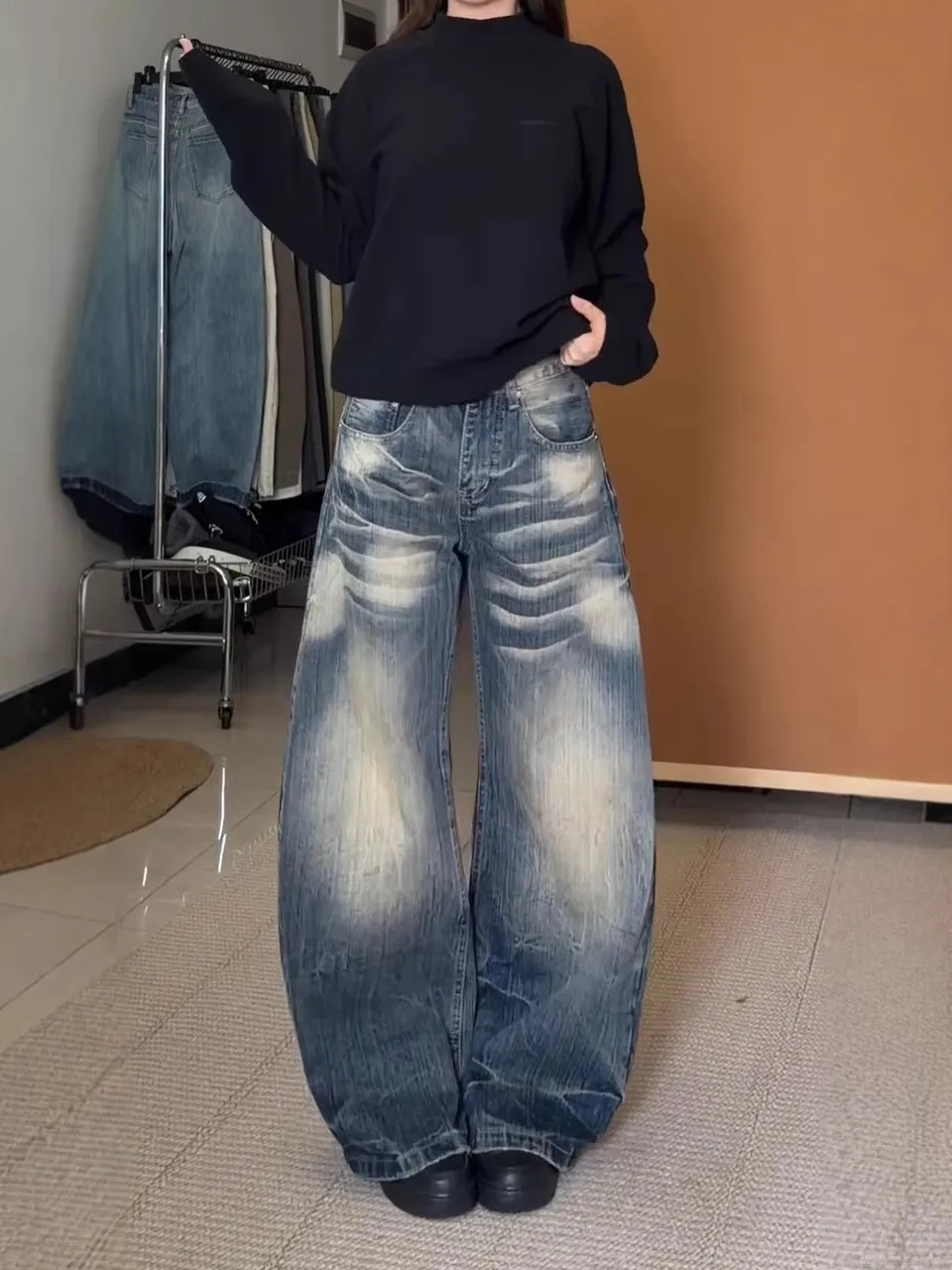 

Large Size American Retro Washed Bamboo Pattern Wide Leg Jeans Women Design Sense Loose Slimming Long Pants