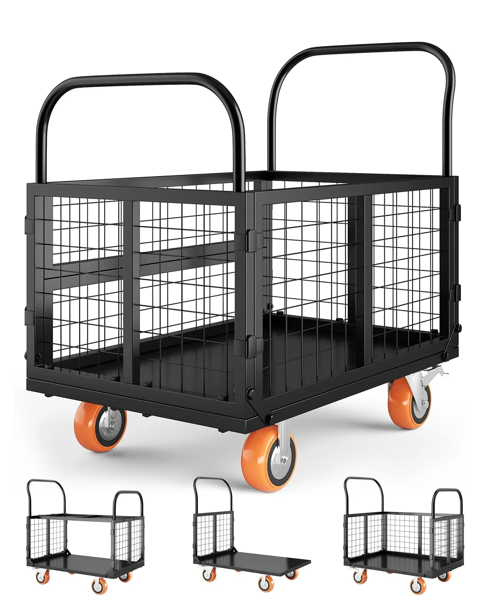 1800lbs Platform Truck Cart with Cage, 6-in-1 Foldable Heavy Duty Hand Truck Flatbed Cart with Removable Mesh Sides