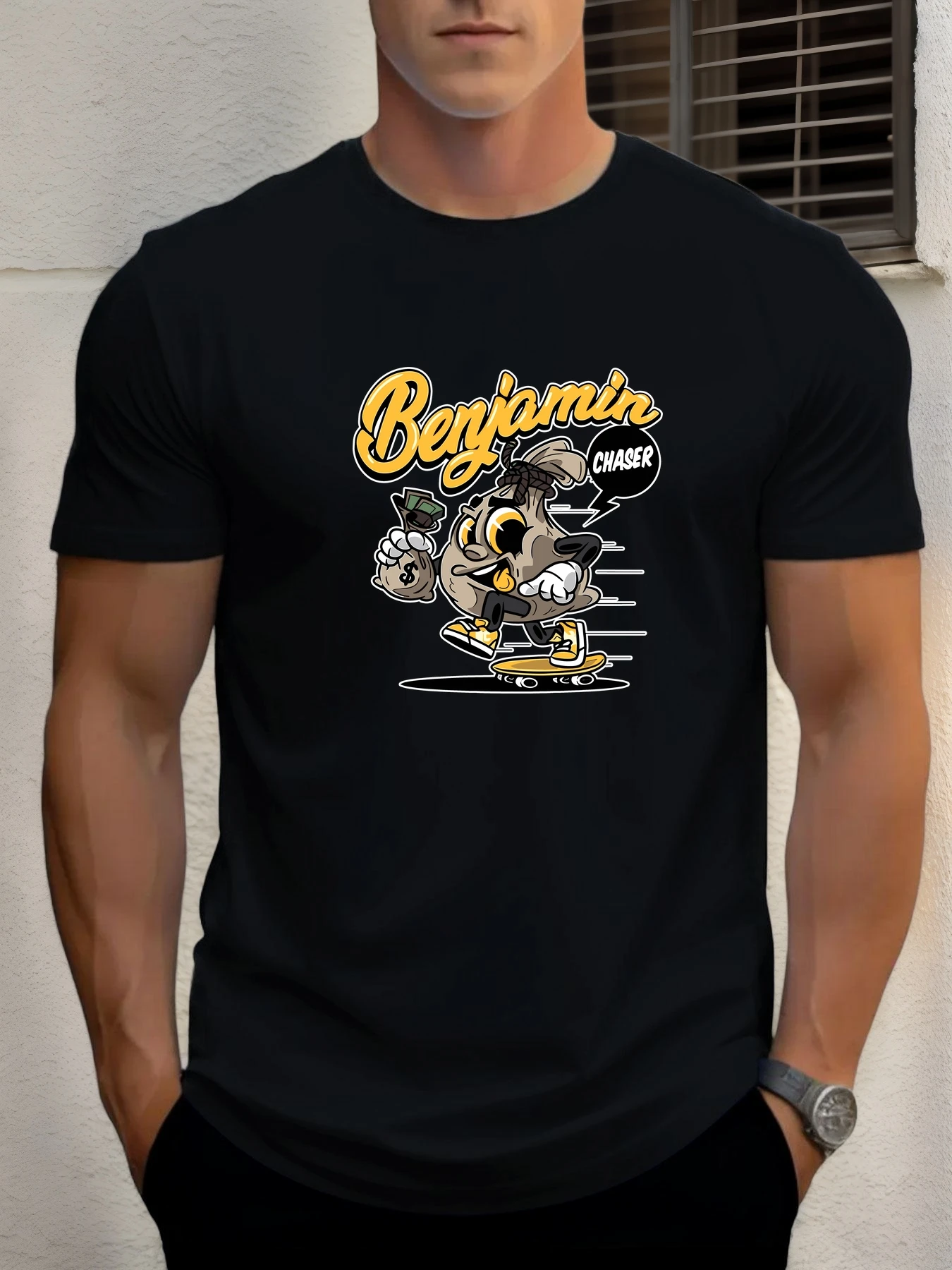 

Men's Cotton T - Shirt Round Neck Trendy Benjamin Money Bag Graphic Breathable Casual Streetwear Short Sleeve Top