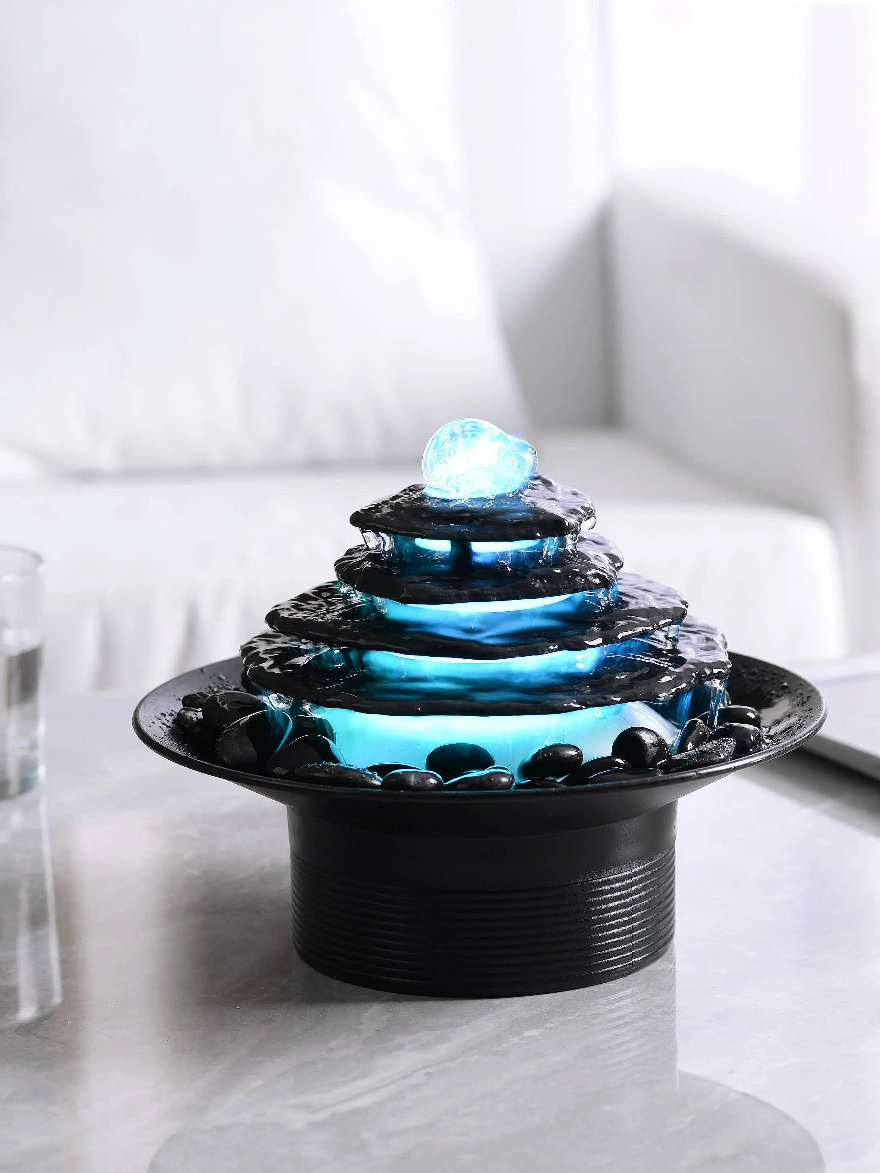 Home Decoration  Stone Flake Waterfall Tabletop Fountain 4-Layer Black Cobblestone Colorful RGB Light Glass Rotating Ball