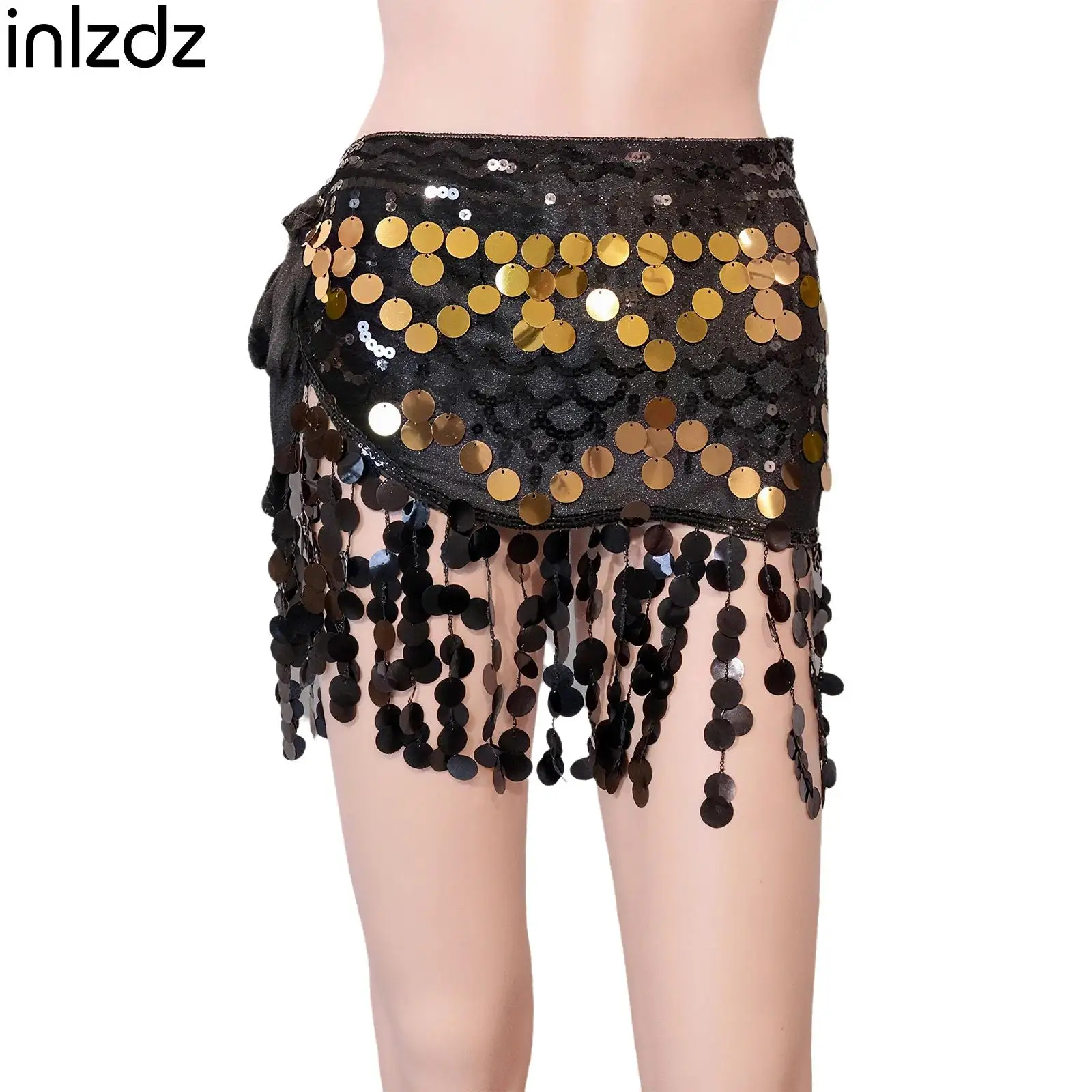 

Women Belly Dance Hip Scarf Round Sequin Tassel Lace-up Waist Skirt Hip Wrap Dancewear for Dance Class Performance Training Wear
