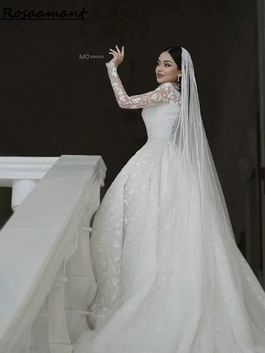 Luxury Long Sleeve Appliques Lace A-Line Wedding Dresses High Neck Customized Country Bridal Gowns