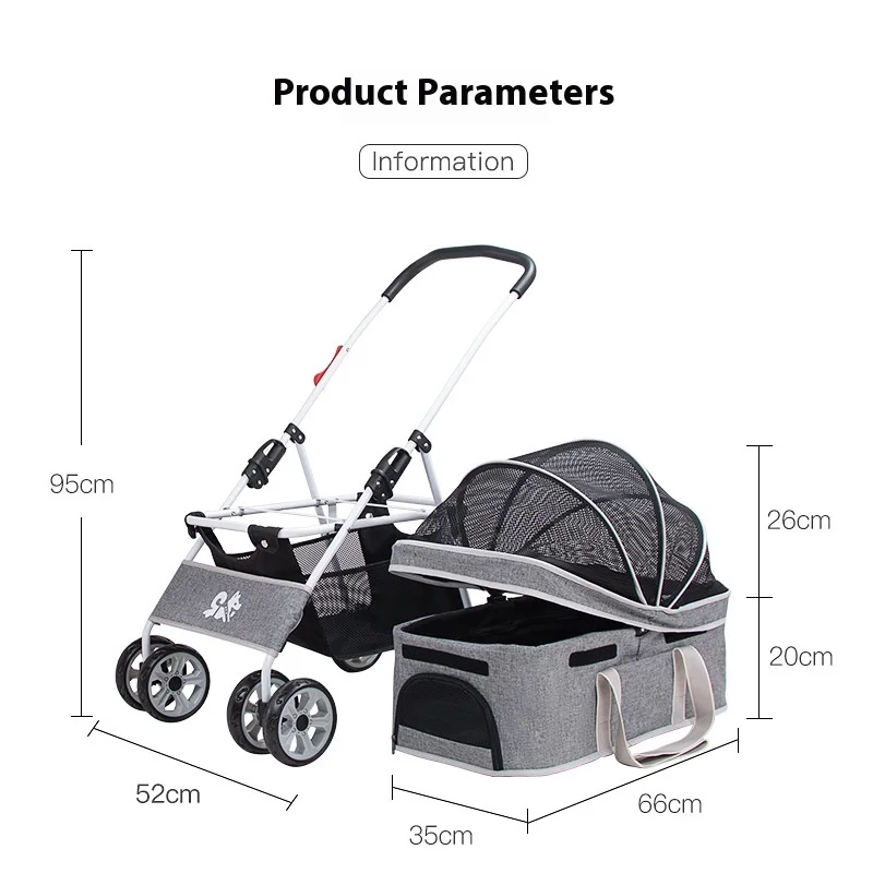 عربة أطفال خفيفة الوزن قابلة للطي ذات 4 عجلات، حقيبة كبيرة الحجم للاستخدام الخارجي والسفر مع الكلاب والقطط الصغيرة والمتوسطة الحجم