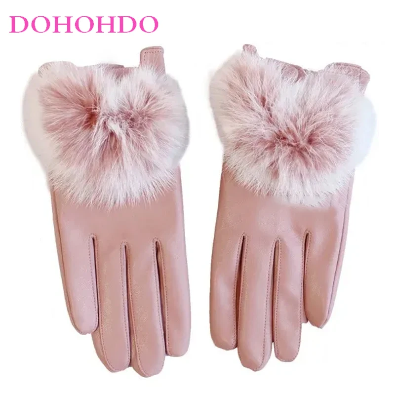 

2026 Fashion Ladies Touch-screen Leather Gloves In Winter Hair Bulb Thick Warm Outdoor Cycling Driving Gloves Woman Black Gloves