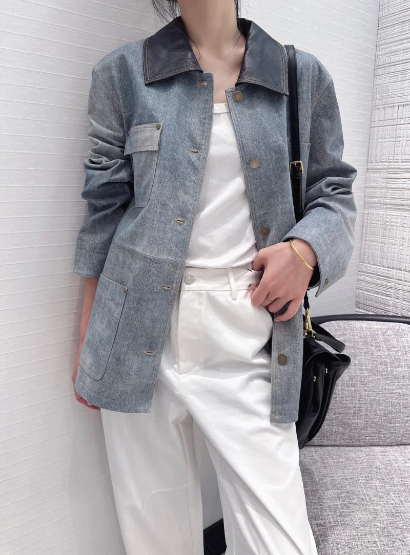 Workwear style women's leather jacket fashionable and exquisite, high-end retro denim denim long leather jacket top handsome