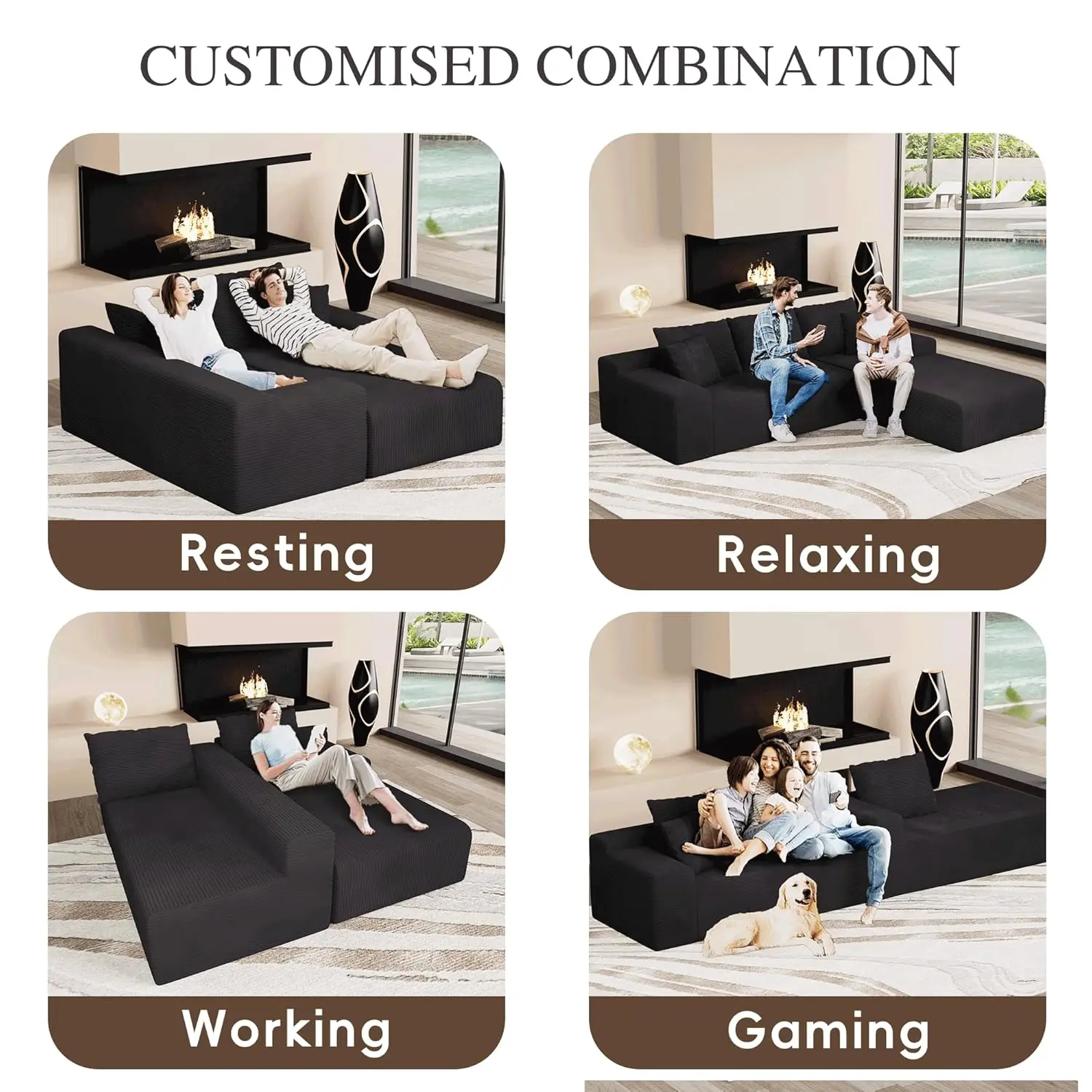 Sofá Modular Seccional de 106 Polegadas com Assento Profundo em L, Chaise para Sala de Estar e Quarto, Preto Personalizado