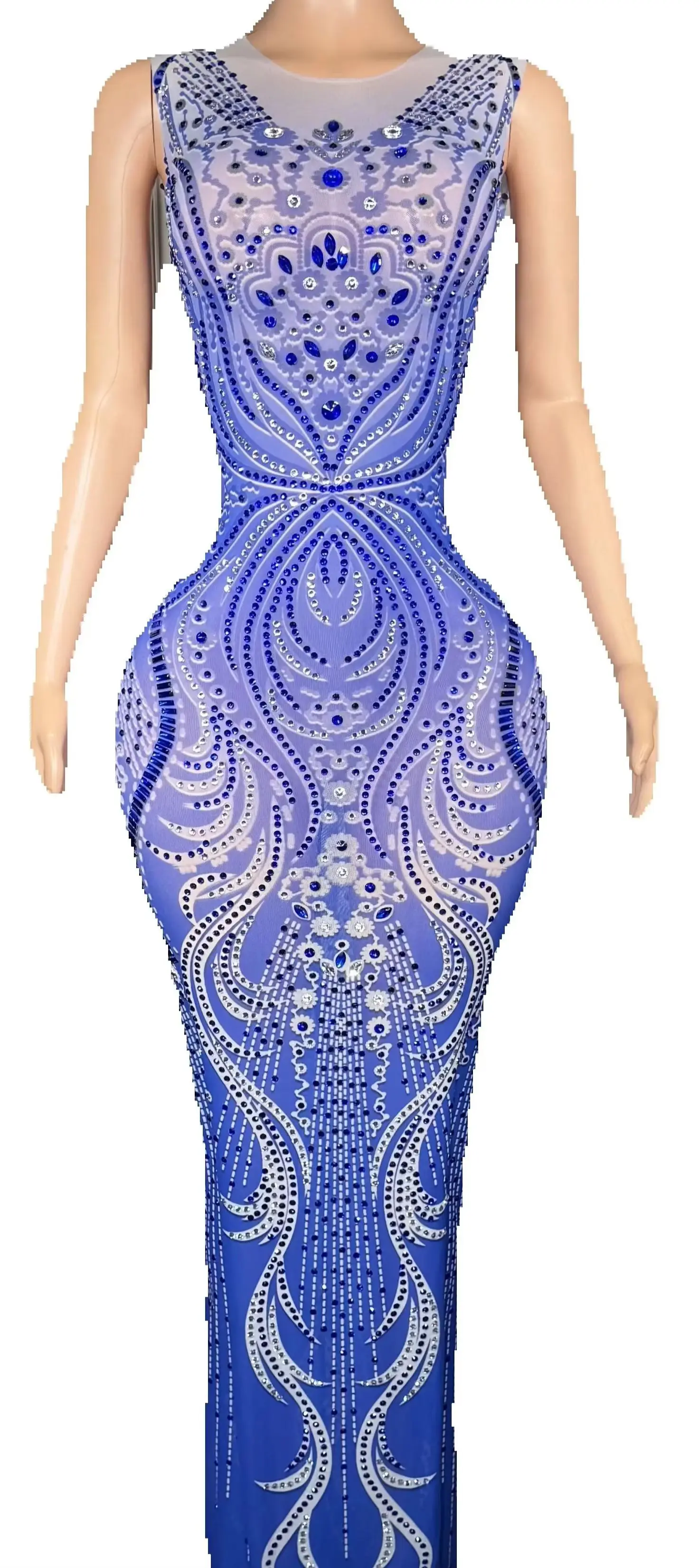 ZD Vestido de noche ajustado de cristal azul de lujo para mujer – Vestido largo de sirena con diamantes de imitación brillantes, formal elegante sin mangas