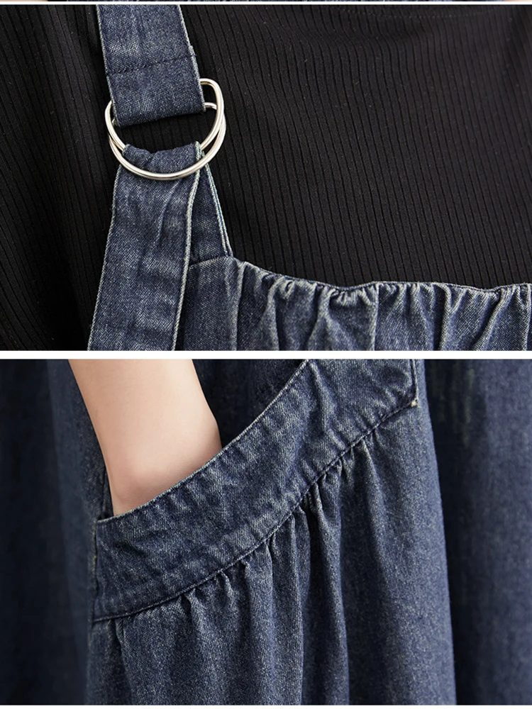 359 Spring Summer New Women Denim Suspender Long Skirt Loose Casual Punk Vintage Style Cargo Female Popular Large Swing Dress