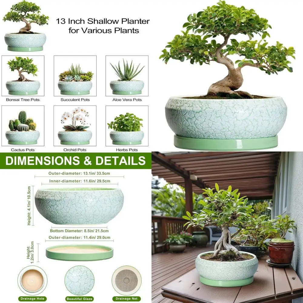 

13-дюймовые большие неглубокие горшки для суккулентов с дренажем для использования в помещении или на улице, круглые кашпо для декора патио, идеальный подарок для любителей растений