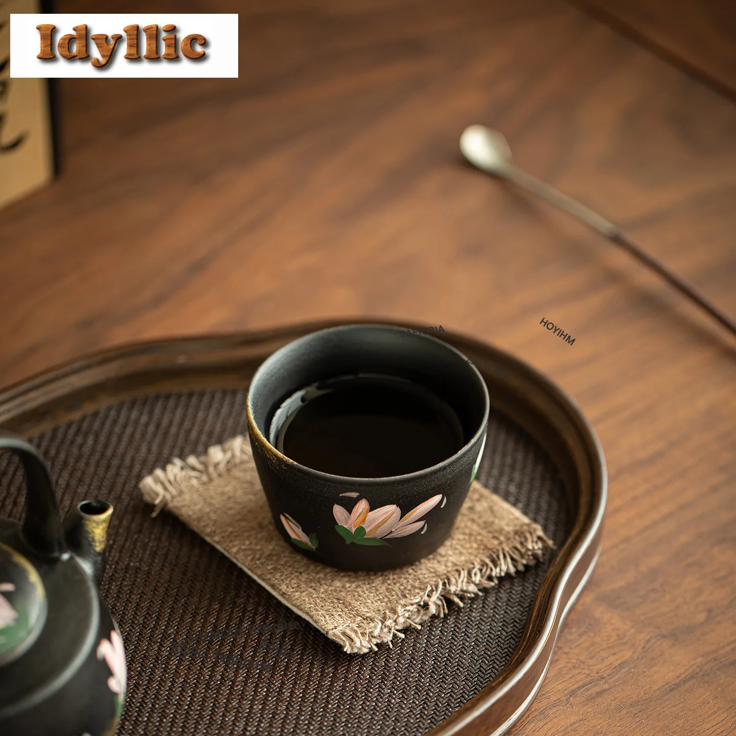 HOYIHM 100ml Gold Drawing Black Pottery Lily Teacup Japanese Tea Bowl Mug Tea-tasting Fragrance Cup Jianzhan Master Cups For Tea
