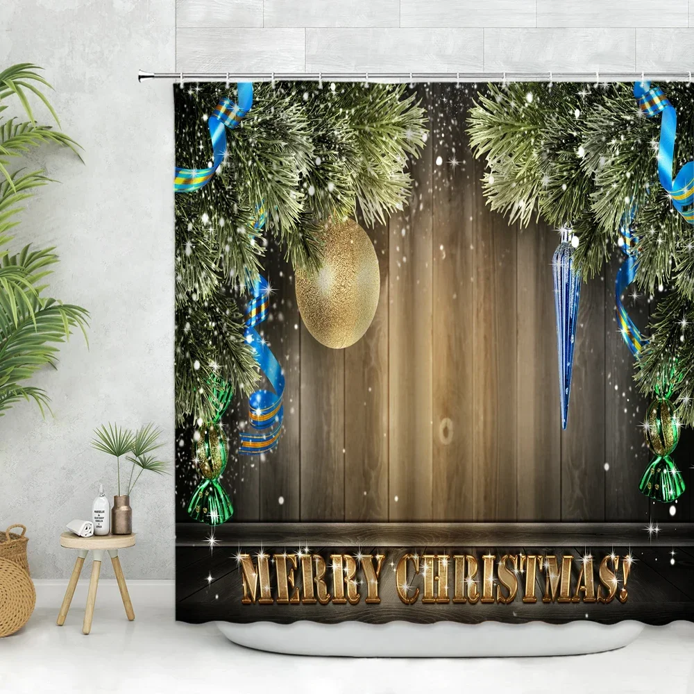 Christmas Shower Curtain Fabric Pine Branch Xmas Ball Pentagram on Blue Wooden Board Farm Farmhouse Decor Bathroom Accessory Set