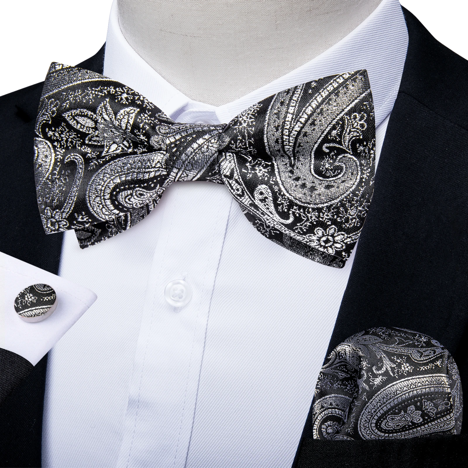 Nova marca cinza bowties para o homem casamento festa de negócios camisa acessórios moda paisley pré-amarrado laço bolso quadrado abotoaduras