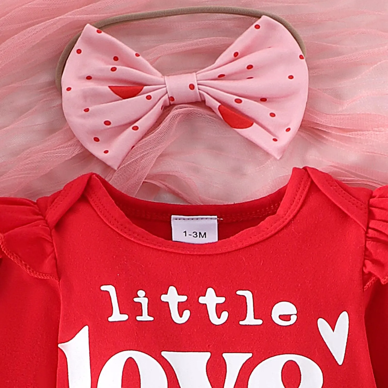 Valentine'S Day Baby Long Sleeve Ruffled Alphabet Printed Bodysuit Crawlsuit Heart Shape Bow Half Skirt Hairband Short Socks Set