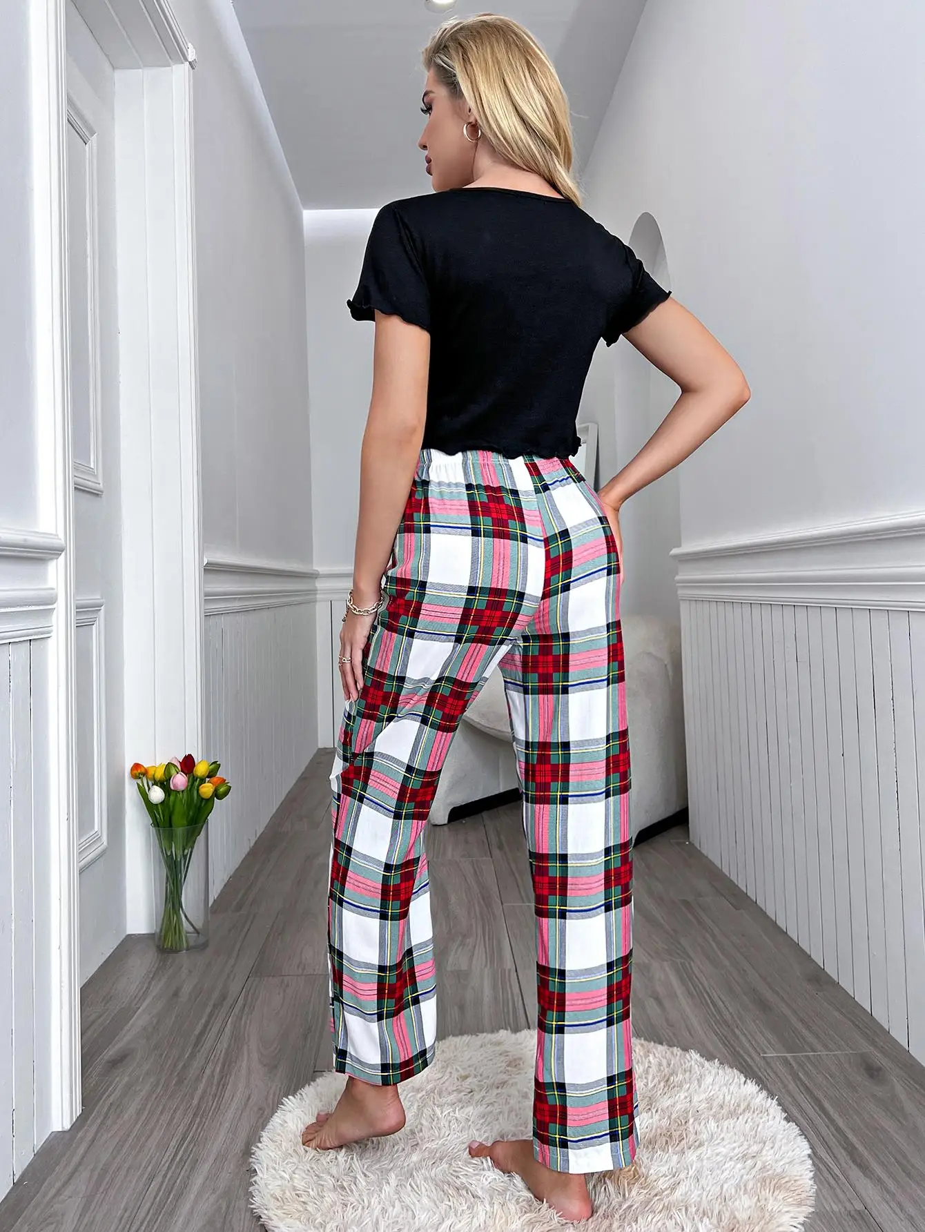 Women\'s 2 Pieces Pajama Sets Short Sleeves Crop Tops&Long Pants Sleepwear Round Neck Tee Plaid Trousers Nightwear Home Lounger