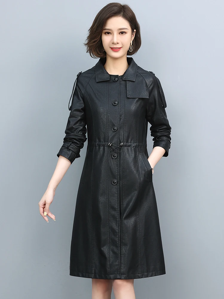 Pop Women Genuine Leather Trench Coat Spring Nice Fashion Turn-down Collar Solid Color Drawstring Loose Long Sheepskin Coat