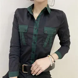 Spring Autumn Moto Biker Pockets Patchwork Blouse Casual Slim Solid Color Turn-down Collar Female Clothing Single-breasted Shirt