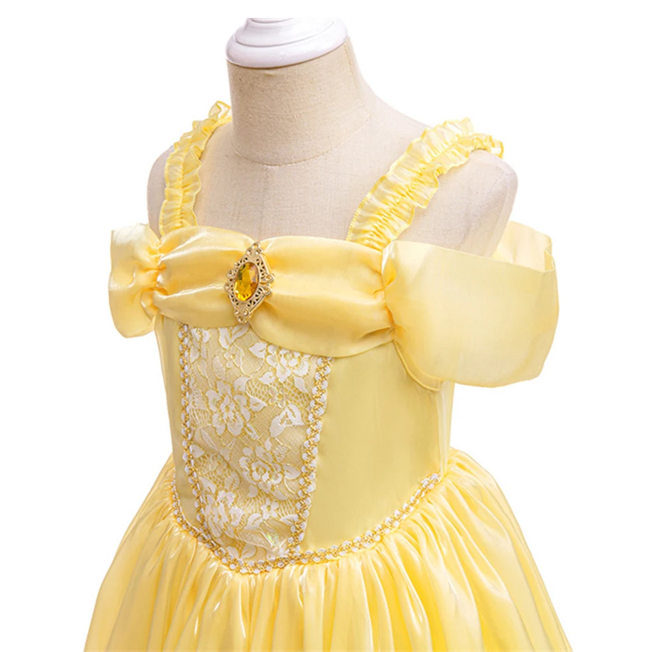 Disney Princess Belle Sleeveless Dress Girl Luxury Pearl Sequin Ball Gown Coustume for Beauty and The Beast Carnival Party Cloth