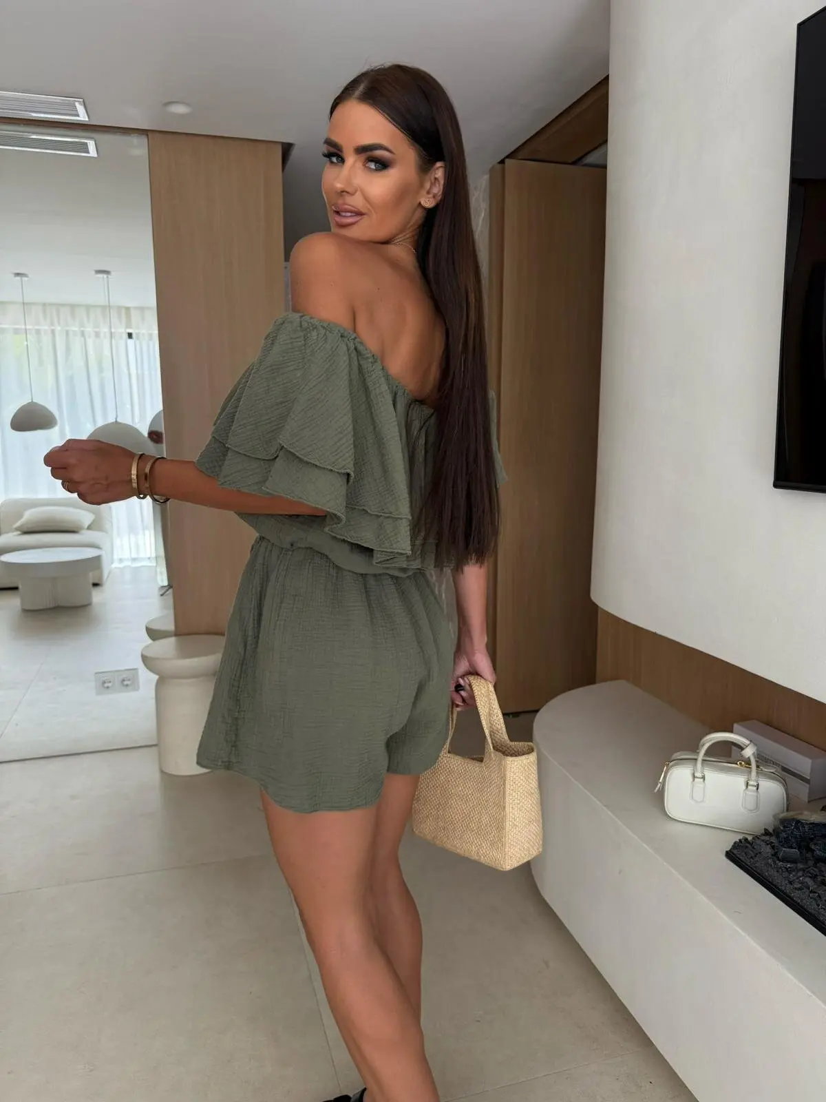 Women Off Shoulder Ruffled Layered Romper Textured Fabric Elastic Waist Short Sleeve Casual Summer Jumpsuit for Beach Vacation a view 6