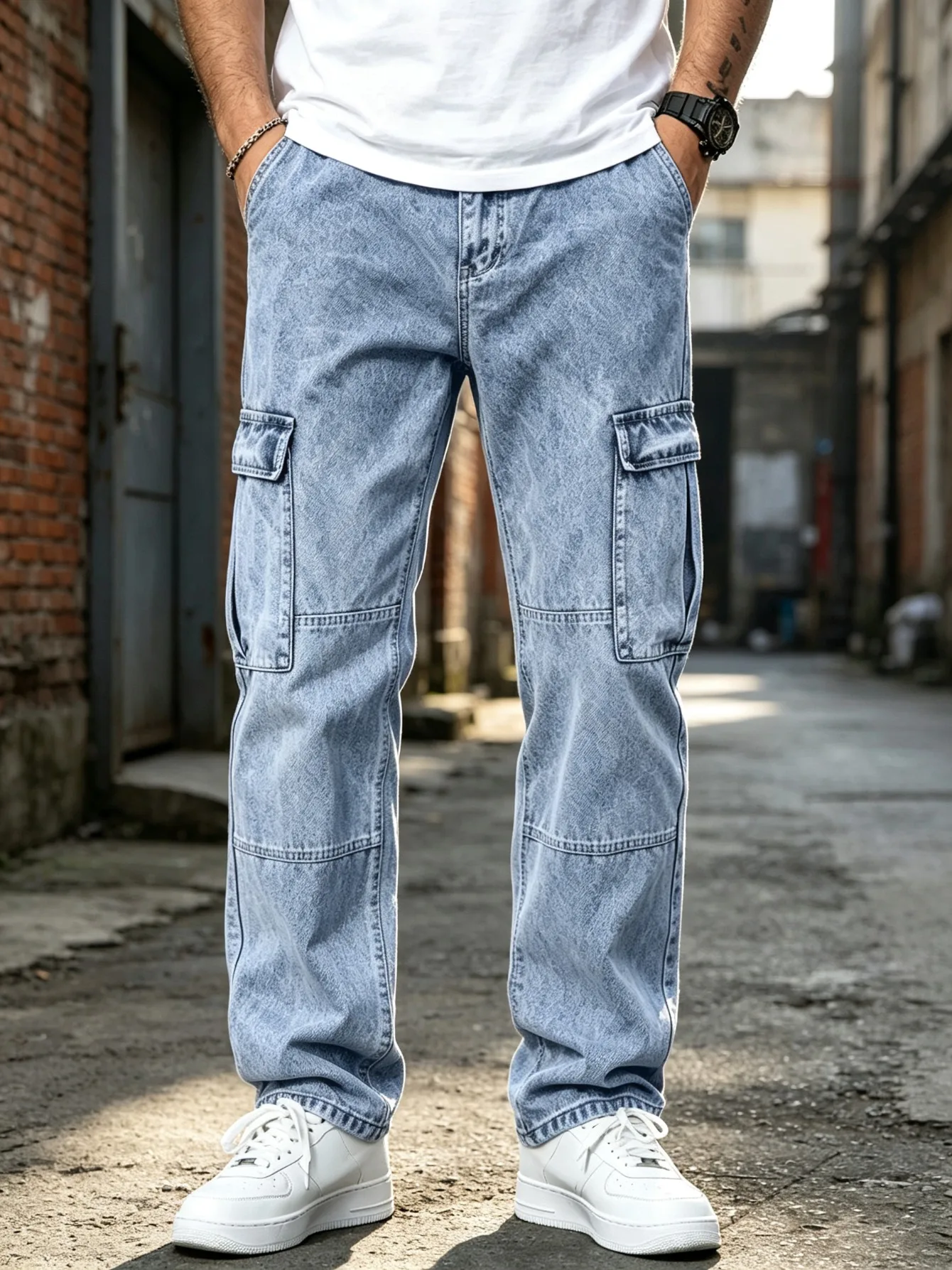 Men Vintage Light Blue Wide Leg Cargo Jeans Multi Pocket Baggy Denim Pants Y2K Streetwear Hip Hop Workwear Casual Trousers