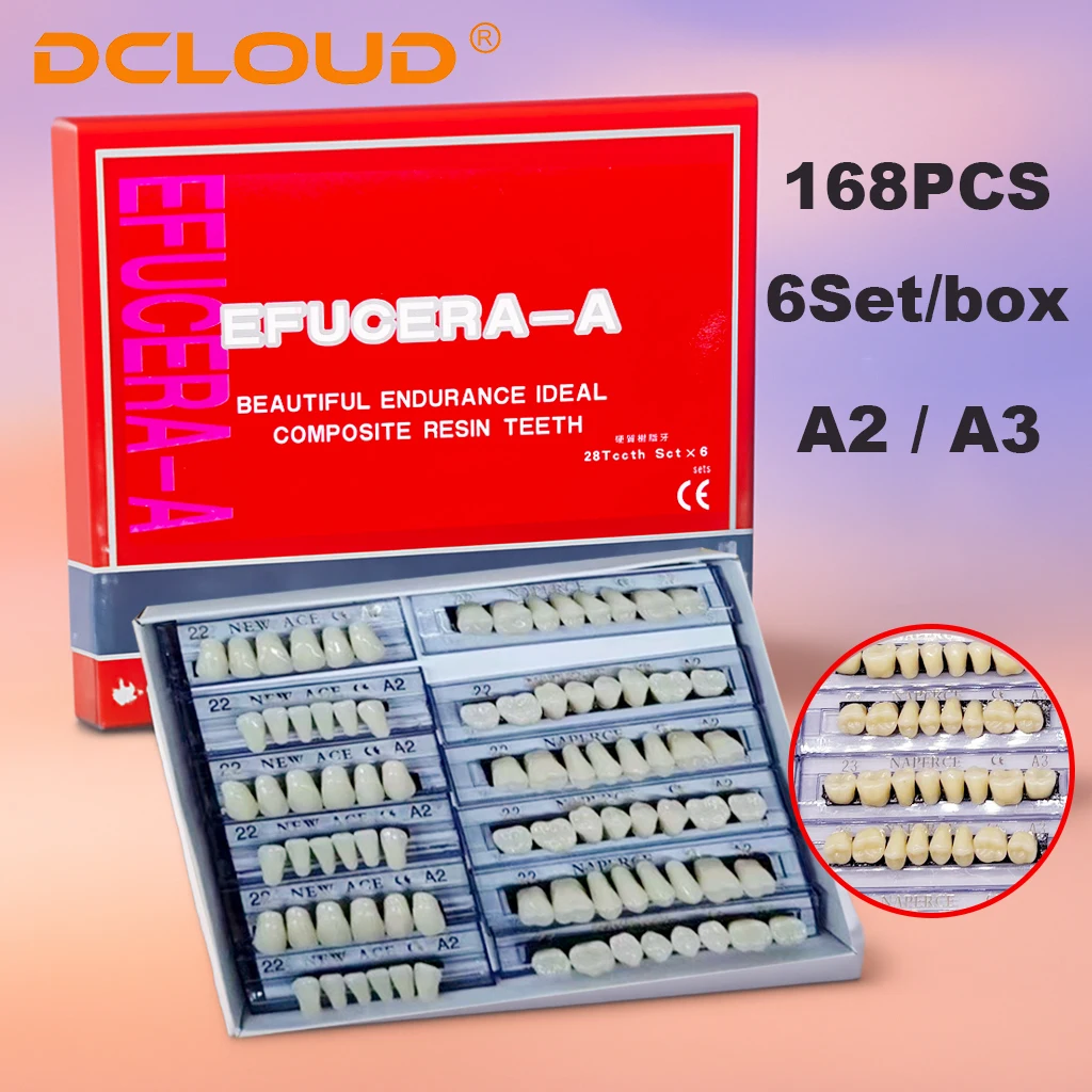 

6Set/Box Dental Acrylic Synthetic Resin Teeth Anterior Posterior Upper Lower Shade A2 A3 Two-Layer Denture Full Mouth Fake Set