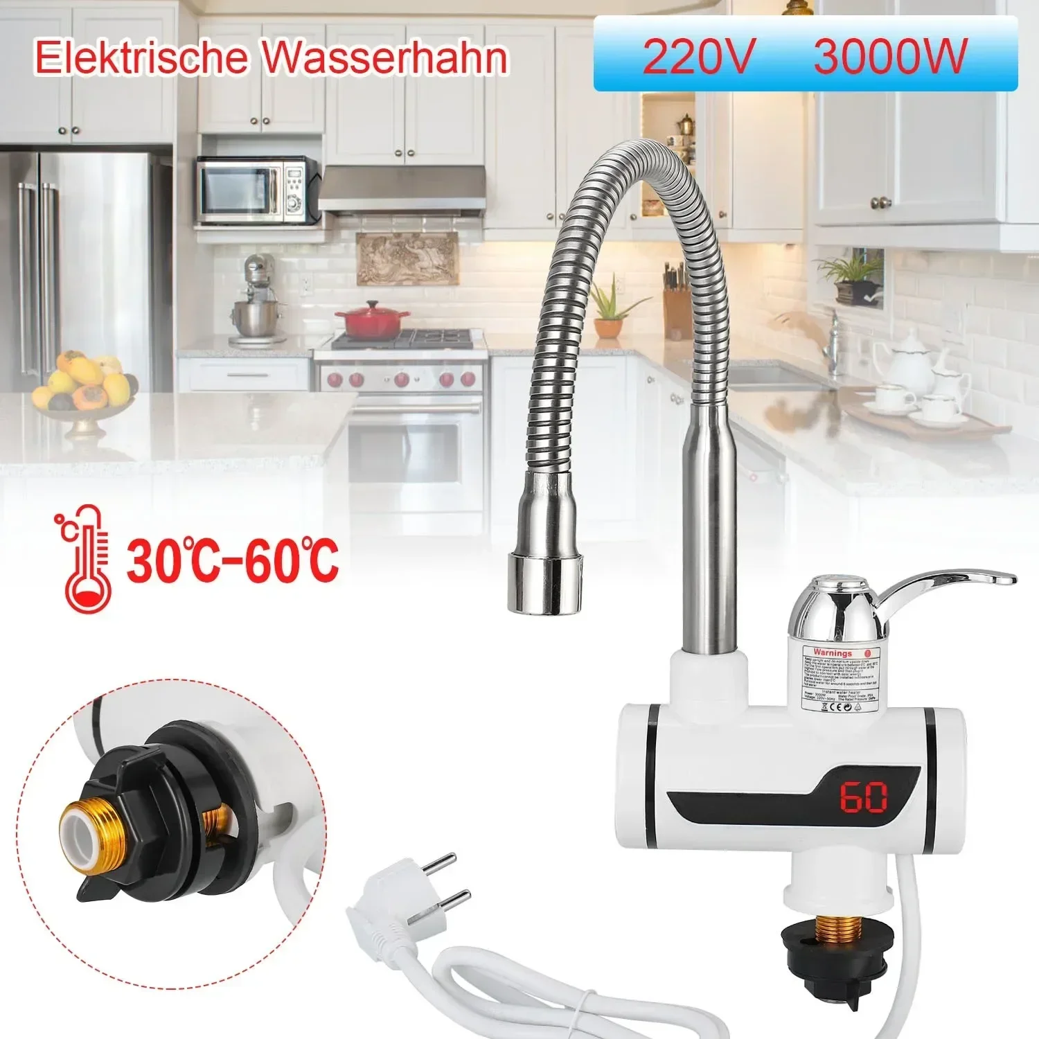 3000W Electric Kitchen Water Heater Tap Instant Hot Water Faucet Heater Cold Heating Faucet Tankless Instantaneous Water Heater