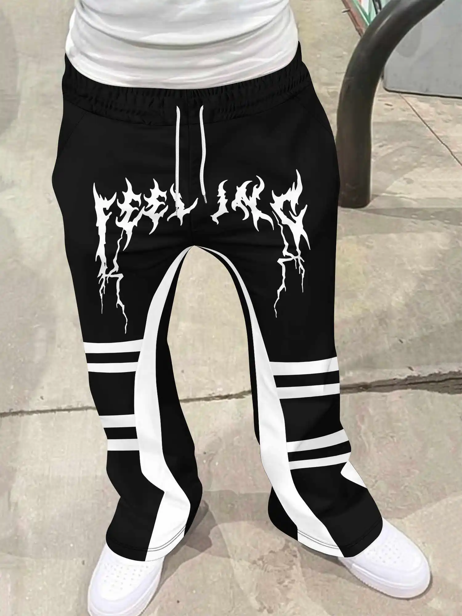 Y2K Gothic Quick Dry Flared Trousers Unisex Lightning Font Print Black White Stripe Spliced Hip Hop Streetwear Long Pants view 4