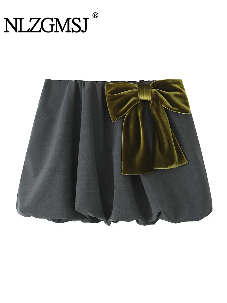 TRAF 2024 Autumn Short Skirt Women Bow Decoration Solid Color Mini Skirt Pleated Effect Women Mini Skirt