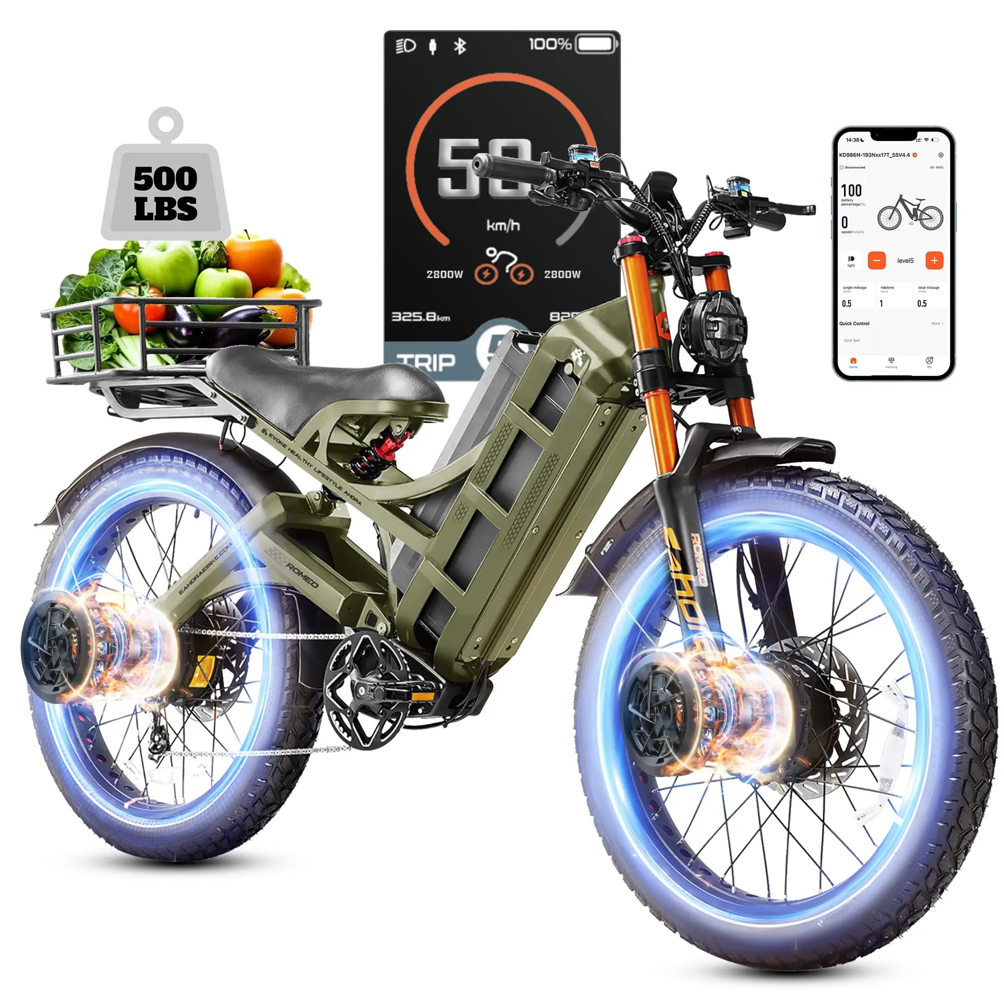 2026  Romeo Pro 3 Latest-5600W Dual Motor Ebike,60V80AH Ebikes for Adults 50 MPH,250Miles Long Range Ebike,26"Fat Tire Ful image 4
