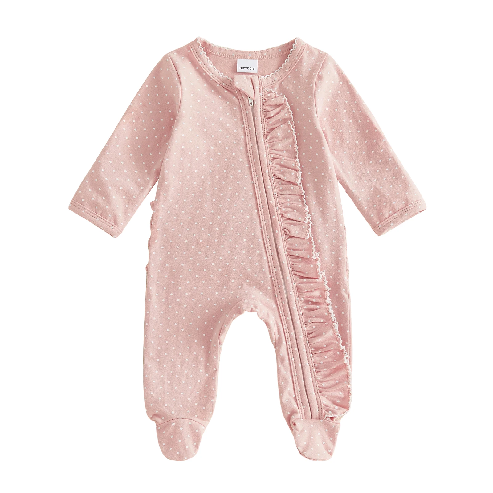 Baby Girls Zipper Footed Romper Dot Print Sweet Ruffle Long Sleeve Jumpsuit