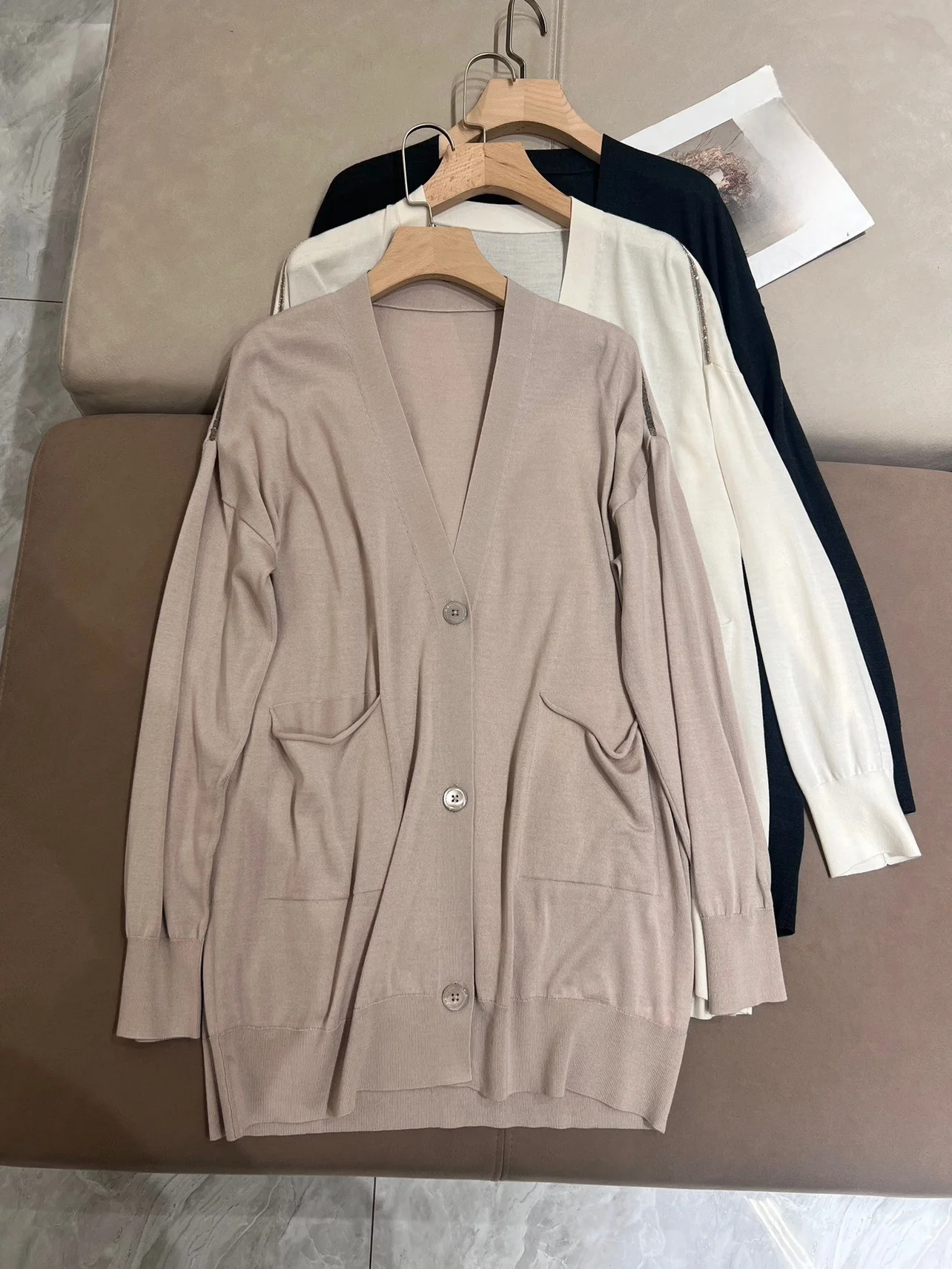 

Casual Silk Wool Knitted Open Cardigan Loose Fit V-Ne Mid-Length Sun Protection Outerwear Simple Free-Spirited BC oulder ...