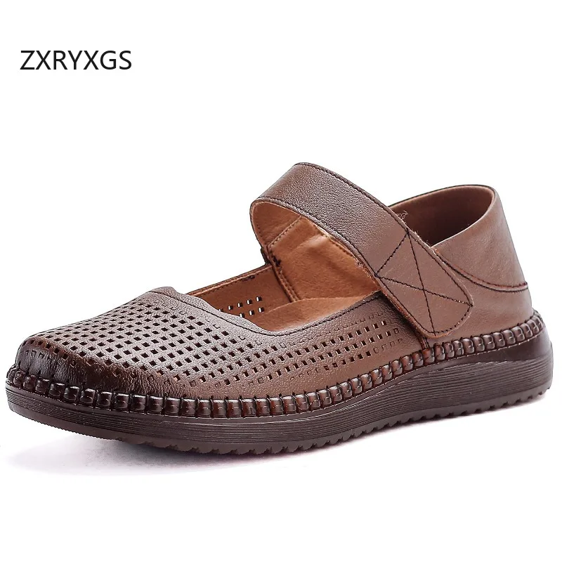 ZXRYXGS Promotion Real Cowhide Hollow Mother's Flats 2026 New Spring Summer Real Leather Breathable Shoes Women Flat Shoes Tide