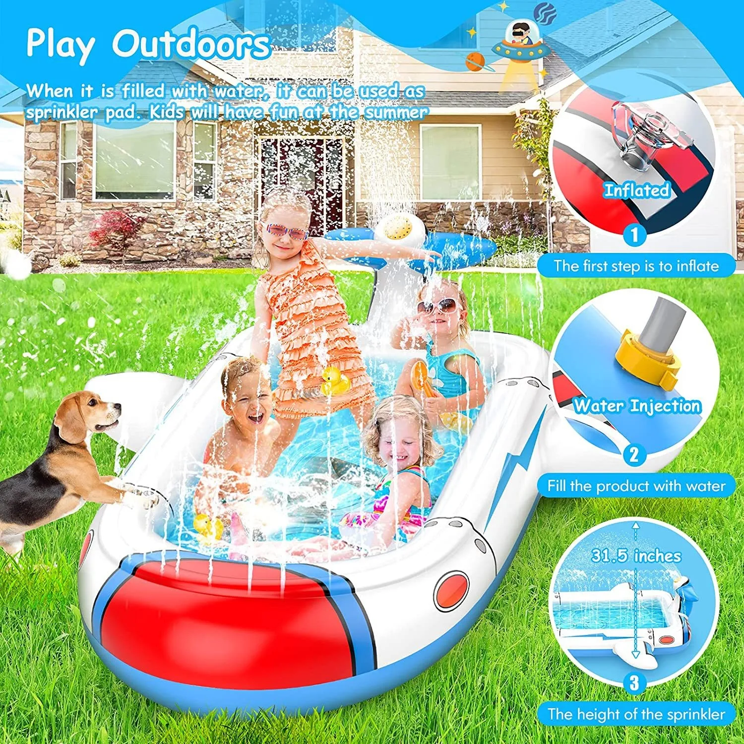 PVC inflatable pool for children, outdoor bath, summer water toys, space shuttle, lawn inflatable cushion, 1.7m