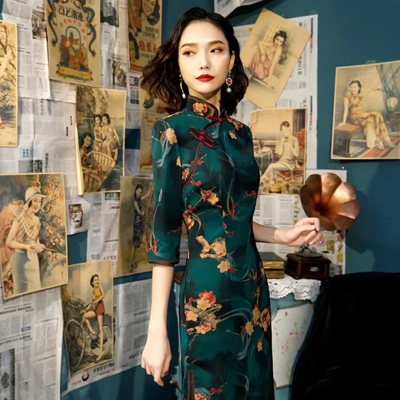 

Spring Chinese Traditional Dress Qipao Dark Green Elegant Retro Women Print Cheongsam Long Qi Pao Dresses Banquet Clothes