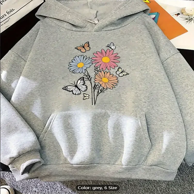 Felpa con cappuccio da donna con stampa grafica margherita e farfalla Felpa con cappuccio casual oversize con coulisse per gli amanti dello stile floreale Puro cotone