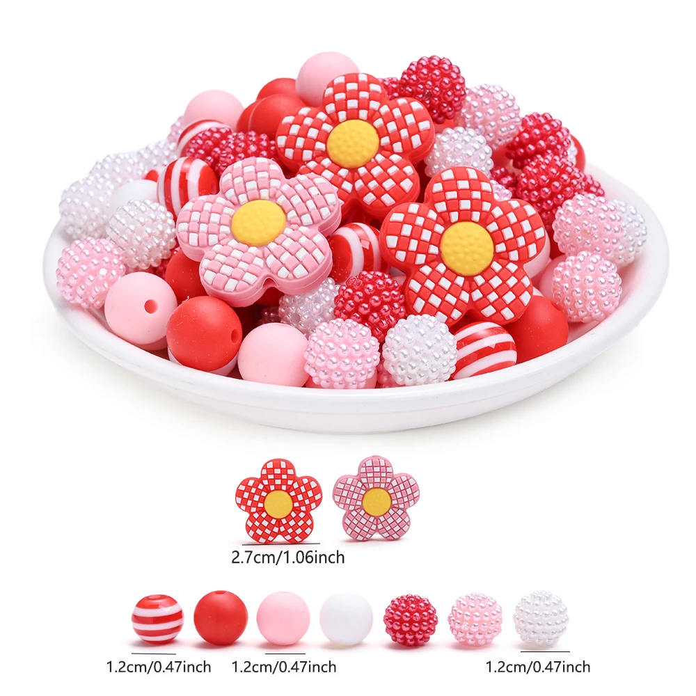 

72Pcs Silicone Baby Teething Bead Set Pink White Flower Beads Food Grade for Newborn Diy Pacifier Chain Necklace Accessories