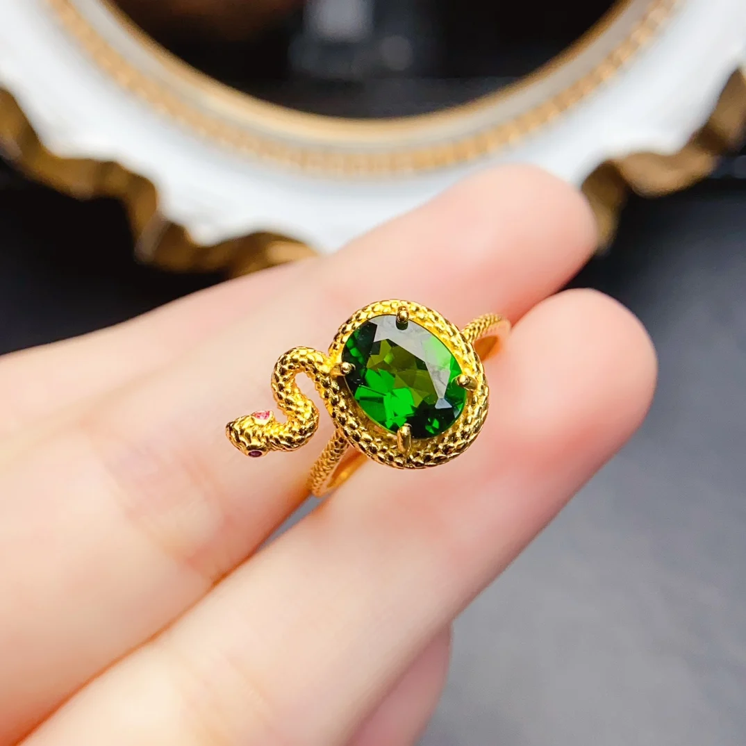 FS 7*9mm Natural Diopside Fashion Snake Ring for Women Real S925 Sterling Silver Charm Fine Party Jewelry With Certificate