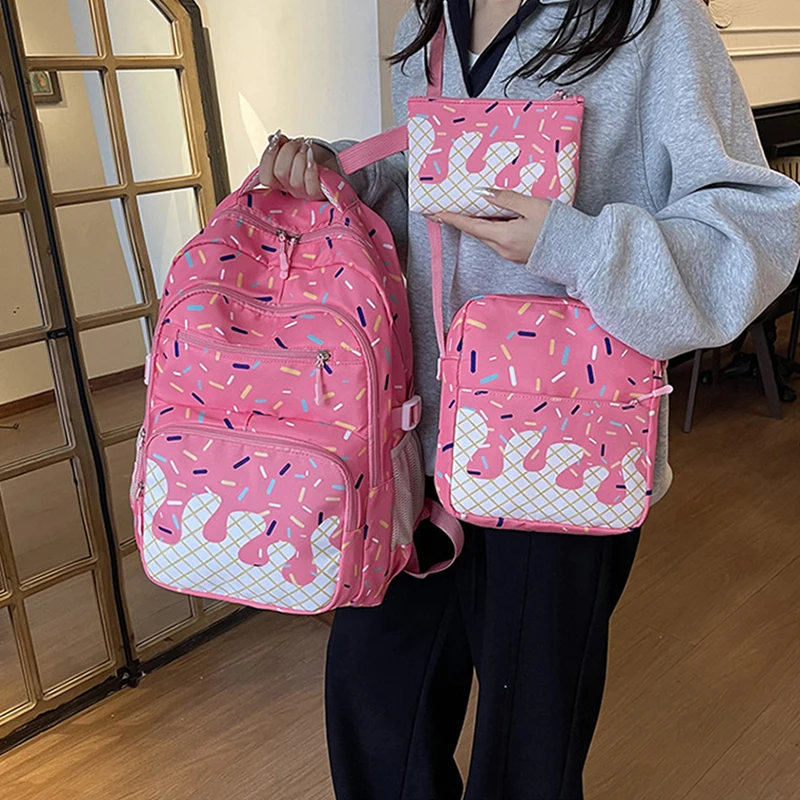 Korean Cute Ice Cream Print 3-in-1 Backpack Waterproof Light Oxford Macaron Color Travel Campus Bag Built In Exquisite Small Bag
