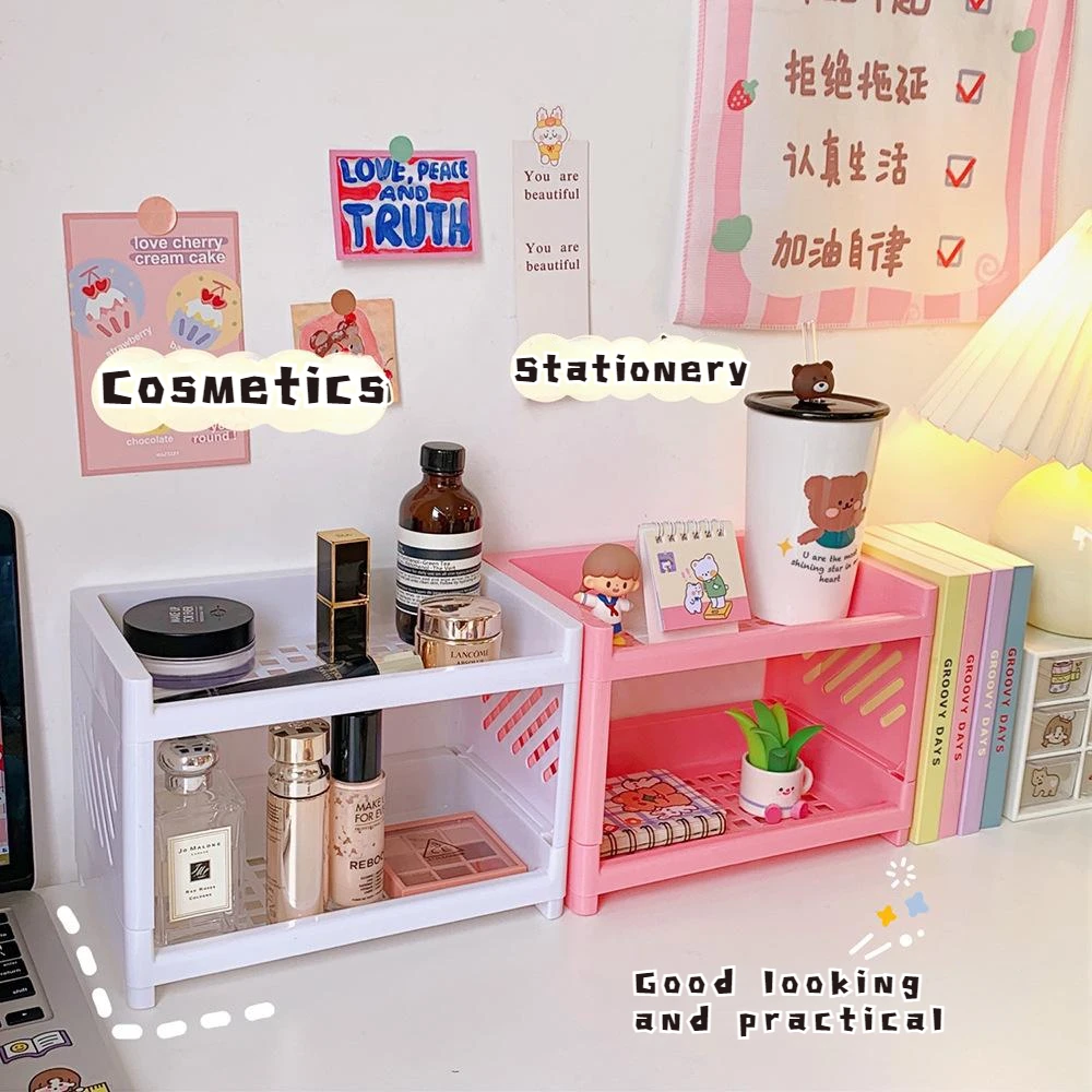 Kawaii Double Layers Desktop Storage Shelves Stationery Organizers Rack Large-capacity File Storage Tray Office Desk Accessories