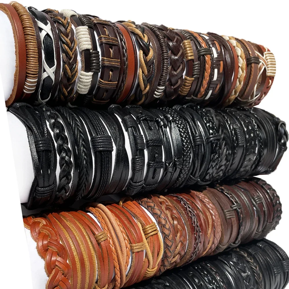 25Pcs/lot Hot Sale Wholesale Random Retro Multi-layer Leather Bracelet For Men Women Handmade Charm Bracelet Wrap Jewelry NM3