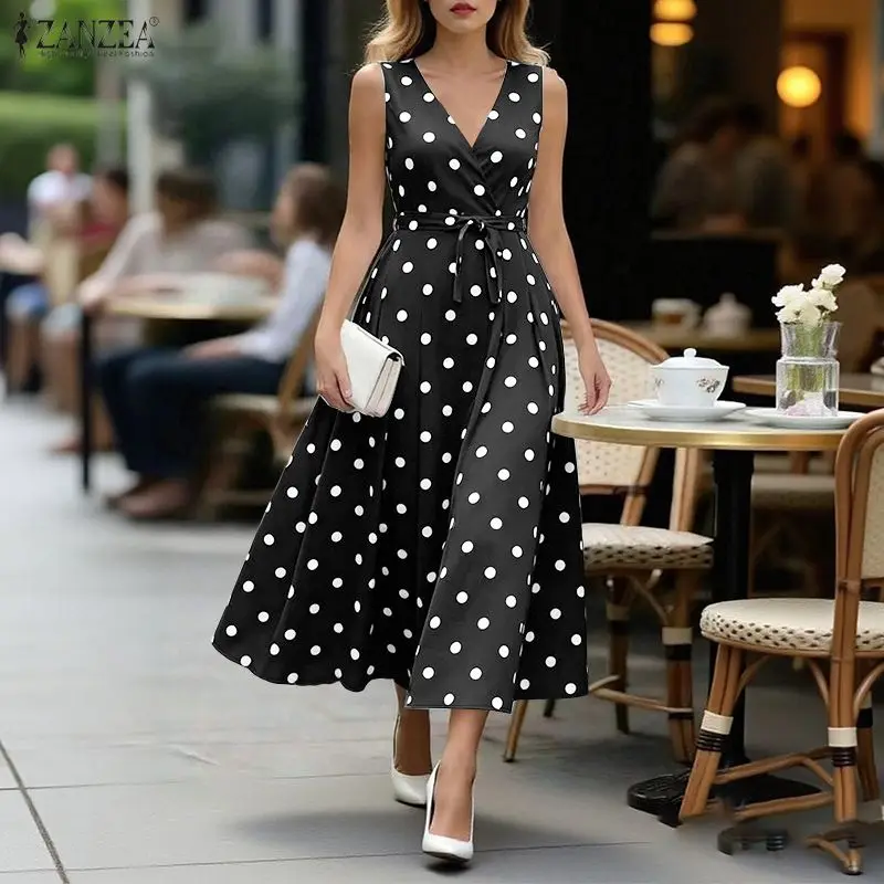 ZANZEA Stilvolles Sommerkleid mit V-Ausschnitt, ärmellos, Arbeitskleid, gepunktet, Damenkleid, elegantes Partykleid, Schnürkleid, Urlaubskleid, Midi-Robe 2026