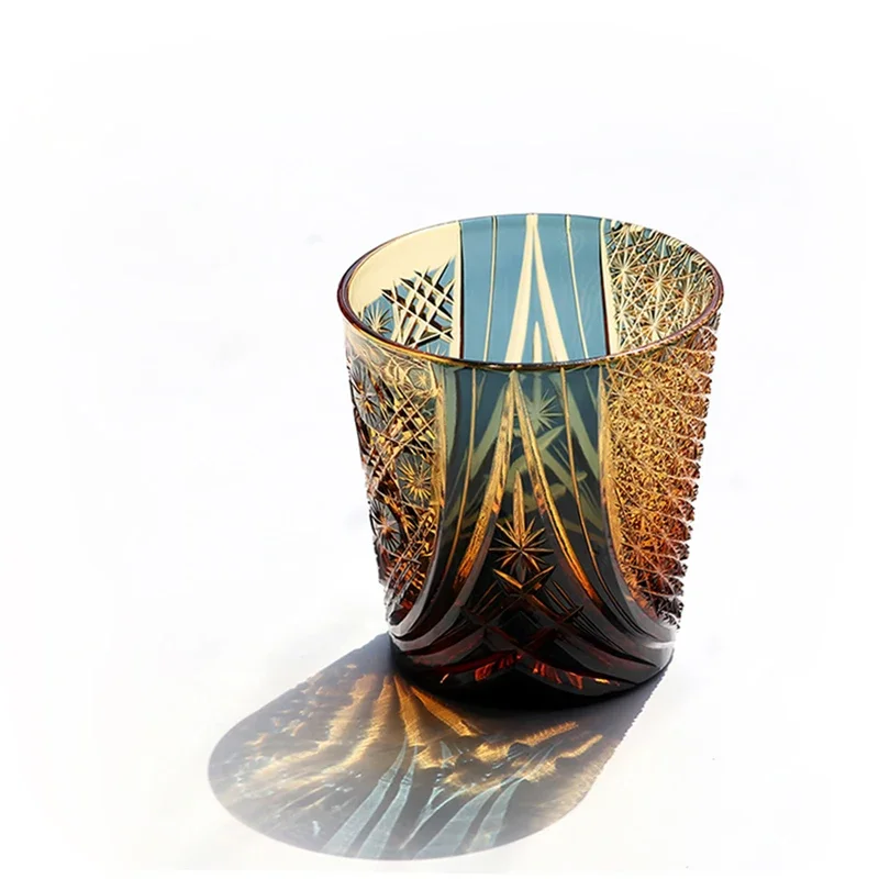 High Lead Amber Crystal Whiskey Glass, Edo Kiriko Style Hand Cut Star Chrysanthemum Pattern Old Fashioned Tumbler, Luxury Barwar
