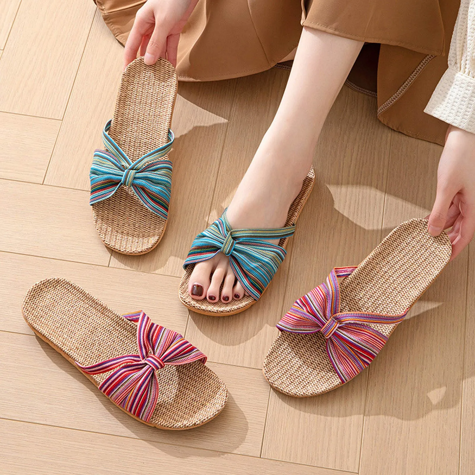 

Ladies Slippers Summer Cool Linen Soles Comfortable Flat Slippers Outdoor Indoor Fashion Bowknot Breathable Sandals for Women