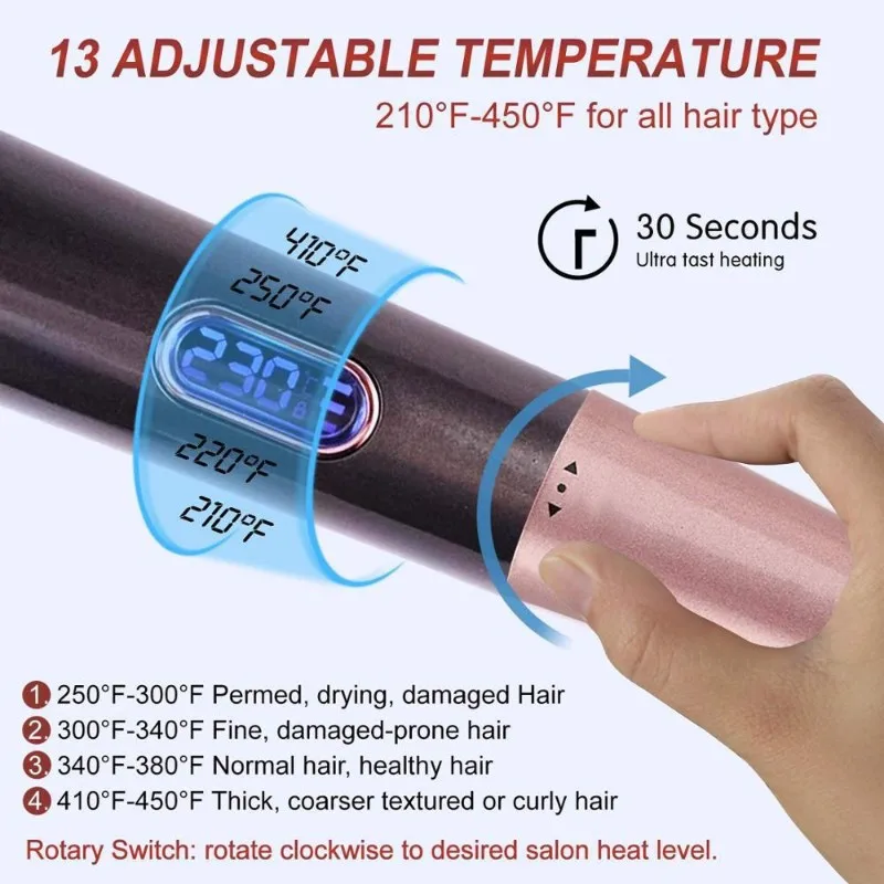 A98G-Rotating Temperature Control Tourmaline Hair Styler-Curler, Straightener& Waver With LCD Display-EU Plug Included 3
